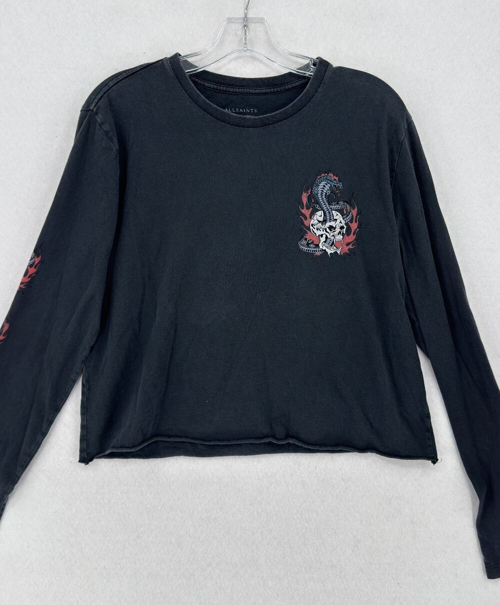 AllSaints Viper Hope Springs Infernal Black Long Sleeve Graphic T Shirt Sz XS